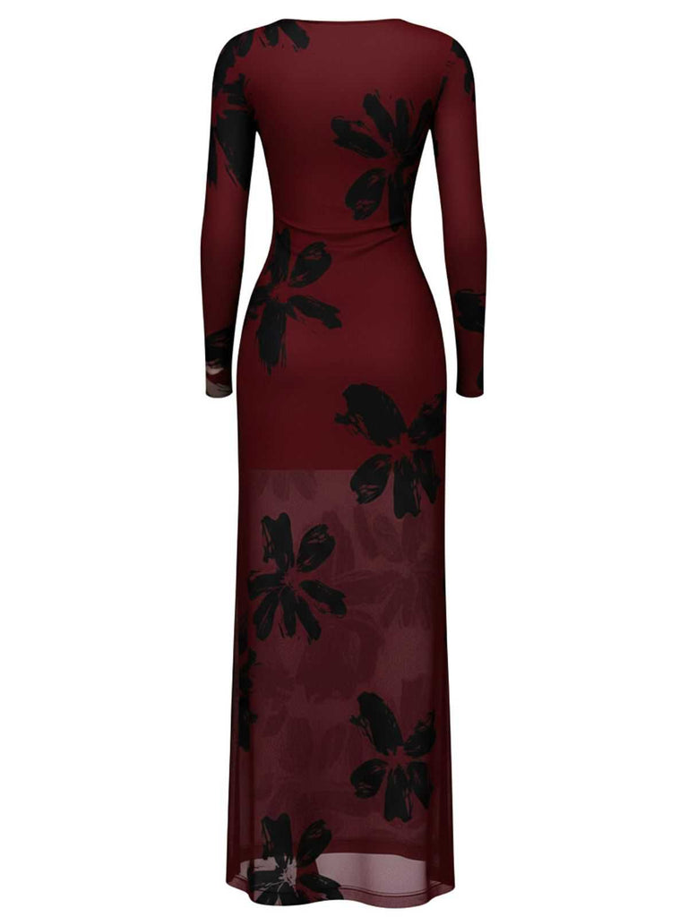 1930s Floral Mesh Long Sleeve Maxi Dress - vintage dress, retro fashion