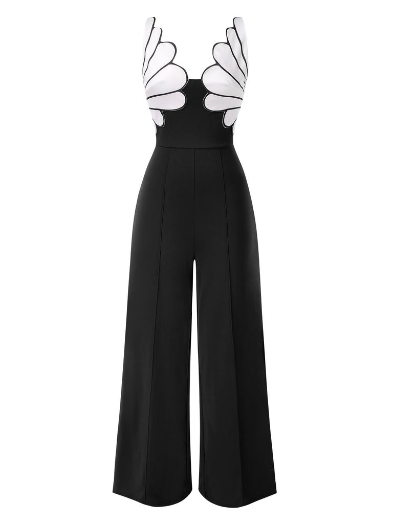 1930s Floral Patchwork V-Neck Straps Jumpsuit - vintage jumpsuit, retro fashion