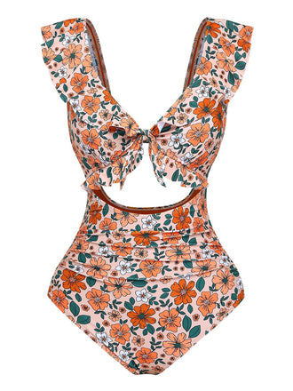 1930s Floral Ruffle Cutout Tie-Front One-Piece Swimsuit, vintage swimsuit, pin-up swimwear - perfect for women who love vintage and retro fashion