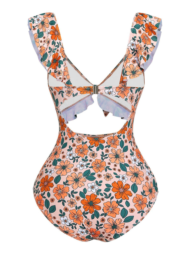 1930s Floral Ruffle Cutout Tie-Front One-Piece Swimsuit, vintage swimsuit, pin-up swimwear - perfect for women who love vintage and retro fashion