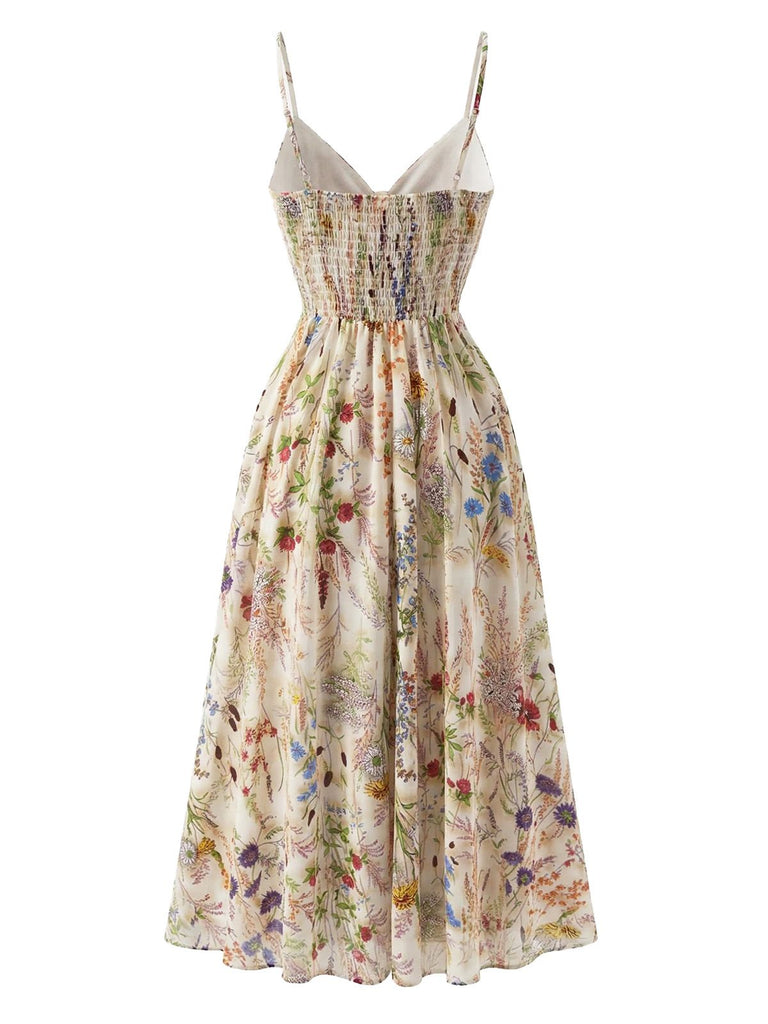 Floral Sundress Women's V-Neck Slip Long Summer Dress, Beige / M Floral Sundress Women's V-Neck Slip Long Summer Dress, Beige / M