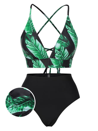 1930s Green Leaves V-Neck Strap Bikini Set - vintage fashion, retro style