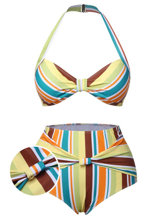 She's wearing 1930s Halter Contrast Stripes Swimsuit and the whole beach remembers the 1930s
