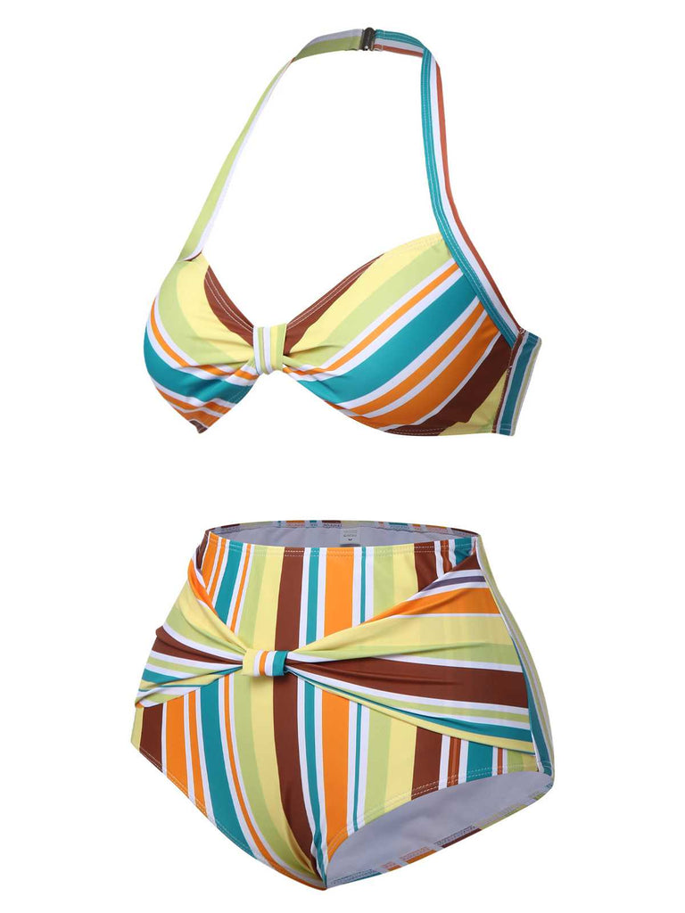 This 1930s Halter Contrast Stripes Swimsuit carries 1930s vacation dreams in every stitch