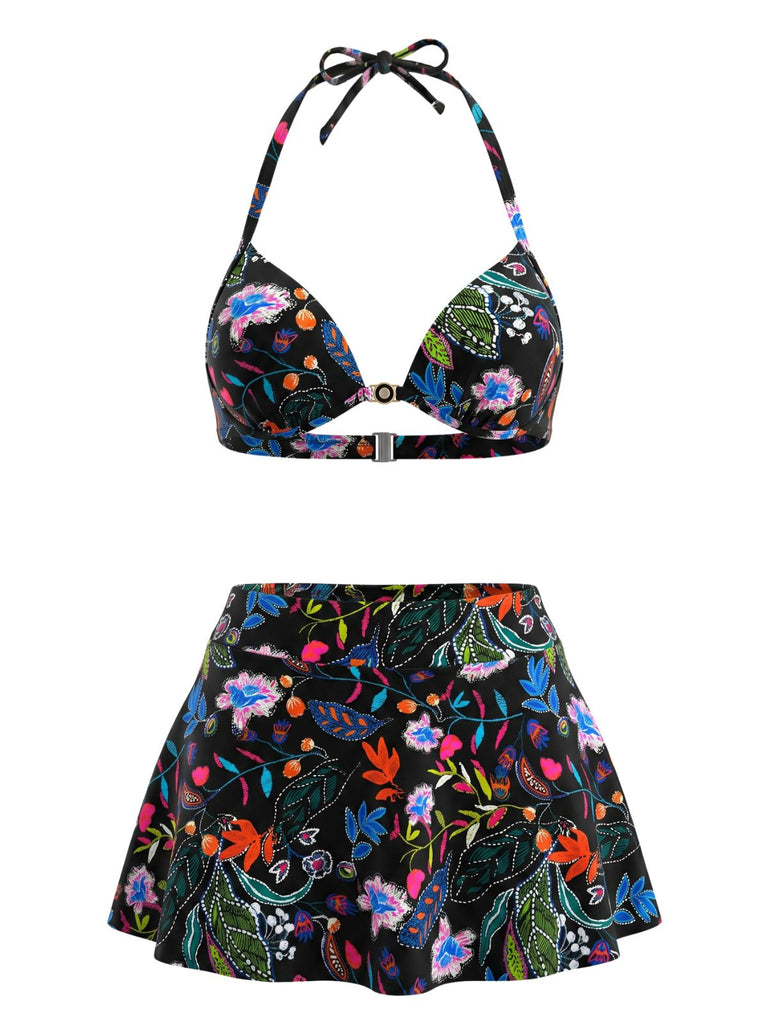 1930s Floral Print High Waist Skirted Bikini Set, vintage skirt, retro style - perfect for women who love vintage and retro fashion