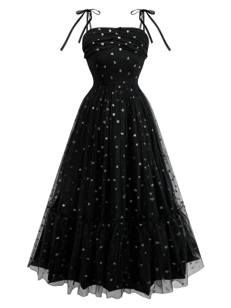 1930s Heart Foil Tulle Spaghetti Strap Prom Dress - vintage dress, retro fashion