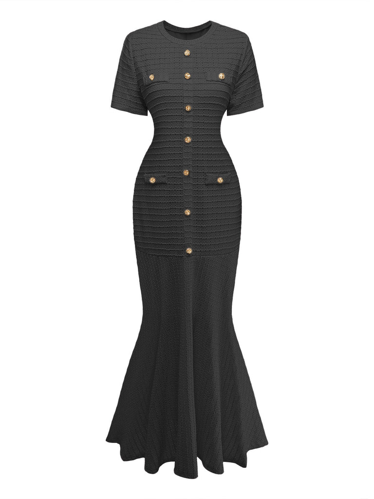1930s Solid Short Sleeve Bodycon Maxi Dress 5