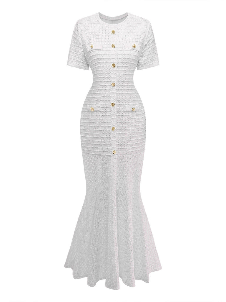 1930s Solid Short Sleeve Bodycon Maxi Dress