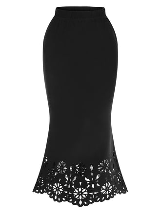 Front view: 1930s 1930s Hollow Out Solid Fishtail Skirt, perfect for retro themed parties, vintage fashion enthusiasts and special occasions