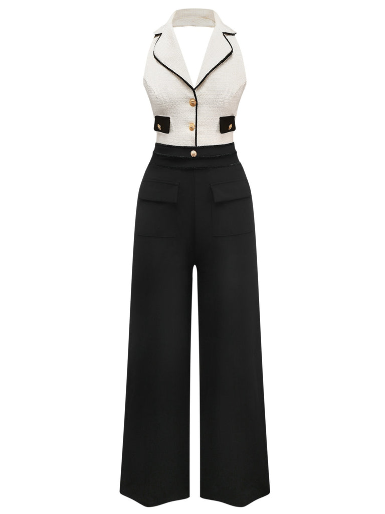 Black & White 1930s Contrast Notched Collar Jumpsuit - vintage jumpsuit, retro fashion, classic black
