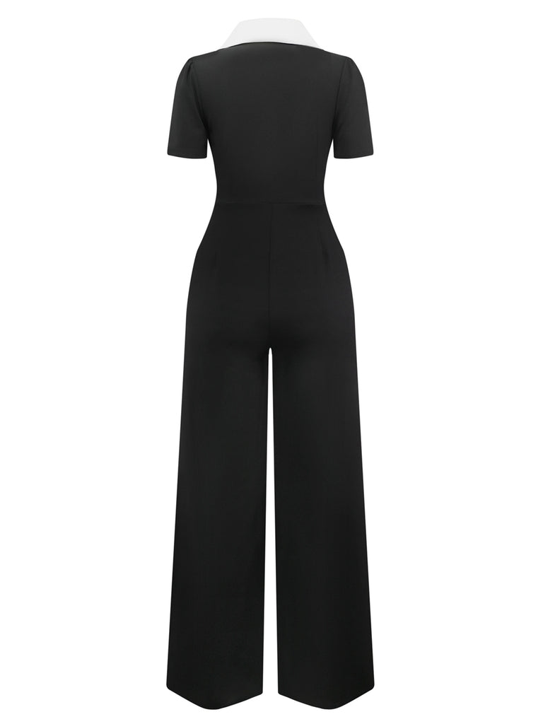 Black & White 1930s Notched Collar Buttoned Jumpsuit - vintage jumpsuit, retro fashion, classic black