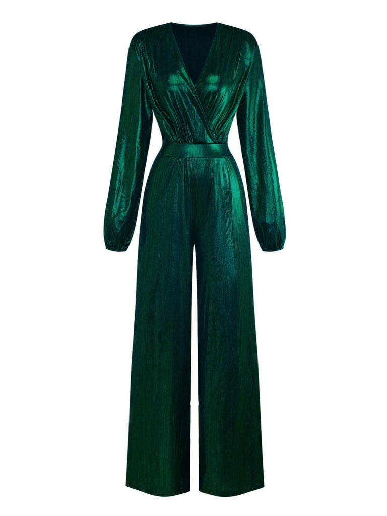 Dark Green 1930s Metallic V-Neck Lantern Sleeve Jumpsuit - vintage jumpsuit, retro fashion