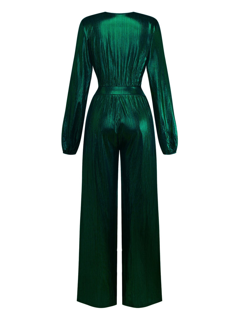 Dark Green 1930s Metallic V-Neck Lantern Sleeve Jumpsuit - vintage jumpsuit, retro fashion