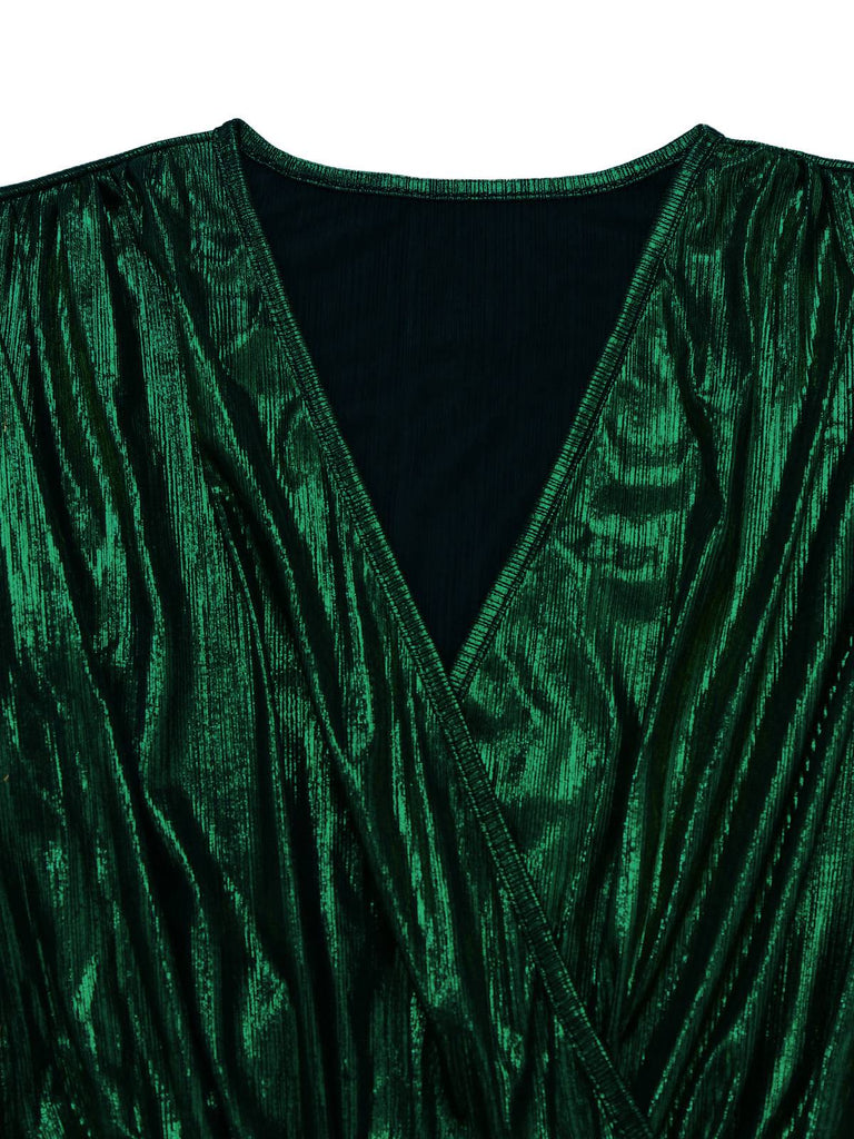 Dark Green 1930s Metallic V-Neck Lantern Sleeve Jumpsuit - vintage jumpsuit, retro fashion