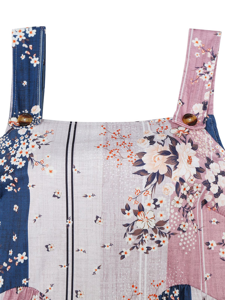1930s Floral Colorblock High-Rise Suspender Jumpsuit - vintage jumpsuit, retro fashion