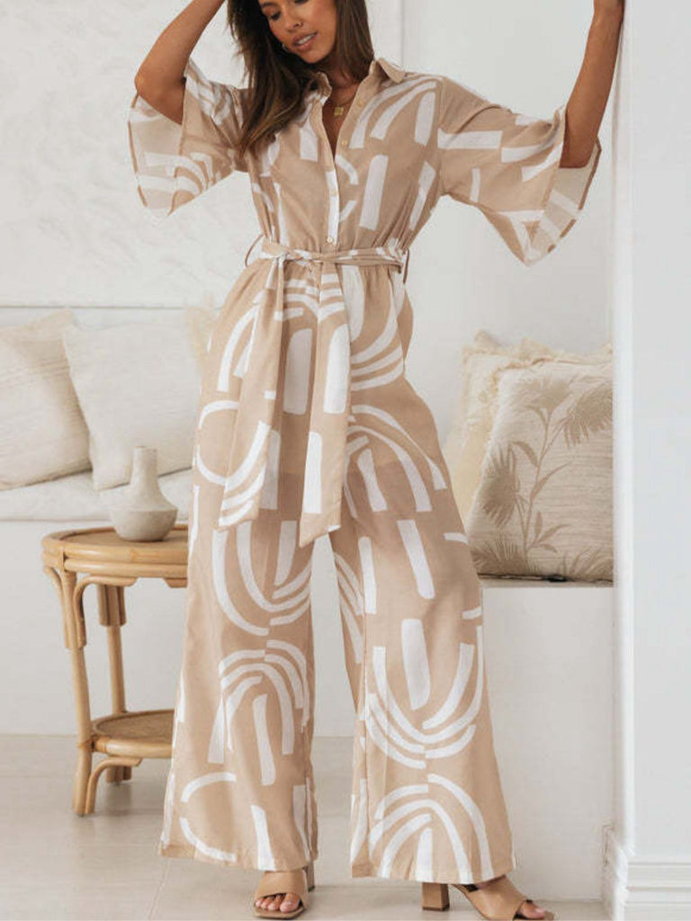 Khaki 1930s Geometric Printed Half Sleeves Lapel Jumpsuit - vintage jumpsuit, retro fashion
