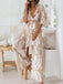 Khaki 1930s Geometric Printed Half Sleeves Lapel Jumpsuit - vintage jumpsuit, retro fashion
