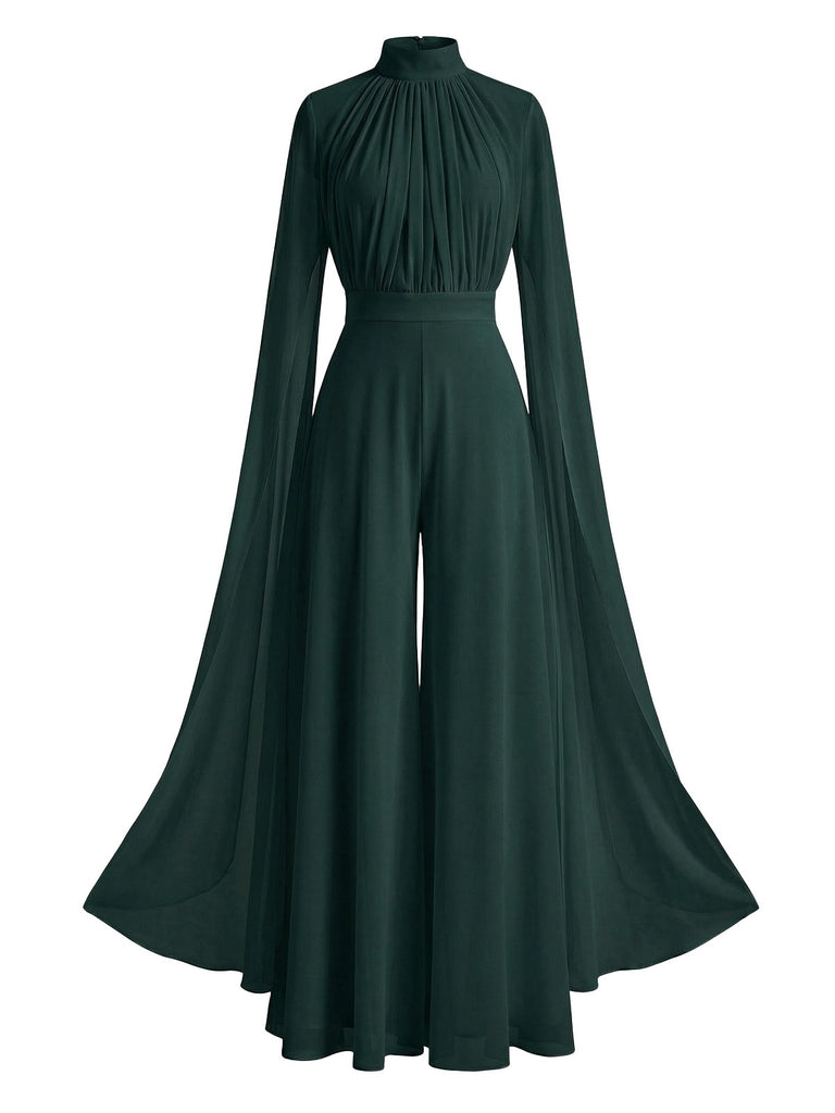 1930s Satin Long Sleeve Ruffled Hem Ruched Jumpsuit - vintage jumpsuit, retro fashion