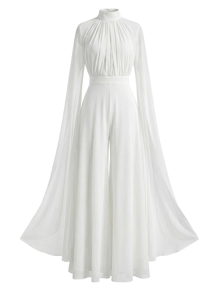 1930s Satin Long Sleeve Ruffled Hem Ruched Jumpsuit - vintage jumpsuit, retro fashion