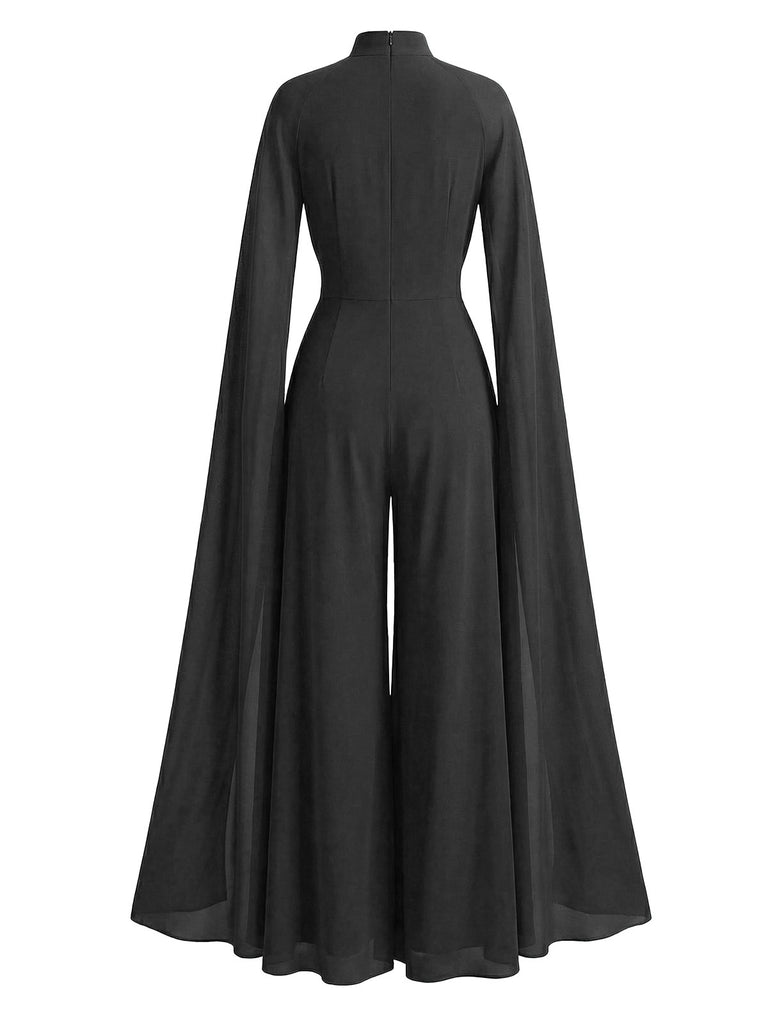1930s Satin Long Sleeve Ruffled Hem Ruched Jumpsuit - vintage jumpsuit, retro fashion