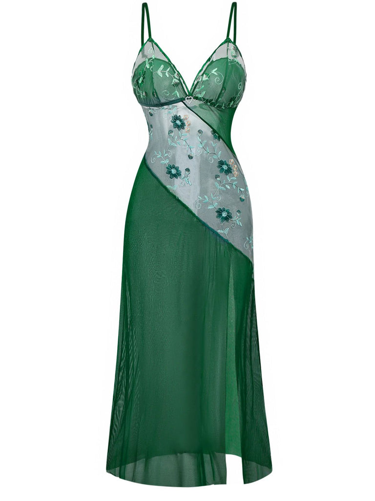 Retro Stage Asymmetrical Embroidery Flower Contrast Mesh See-Through Cami Sleep Dress