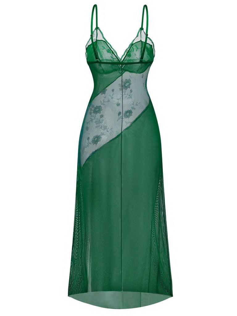 Retro Stage Asymmetrical Embroidery Flower Contrast Mesh See-Through Cami Sleep Dress