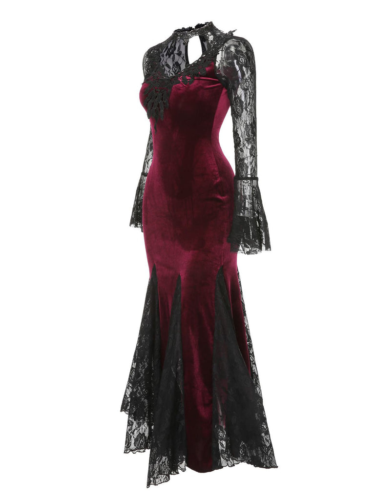 Back view: 1930s 1930s Lace Long Sleeve Fishtail Dress, perfect for retro themed parties, vintage fashion enthusiasts and special occasions