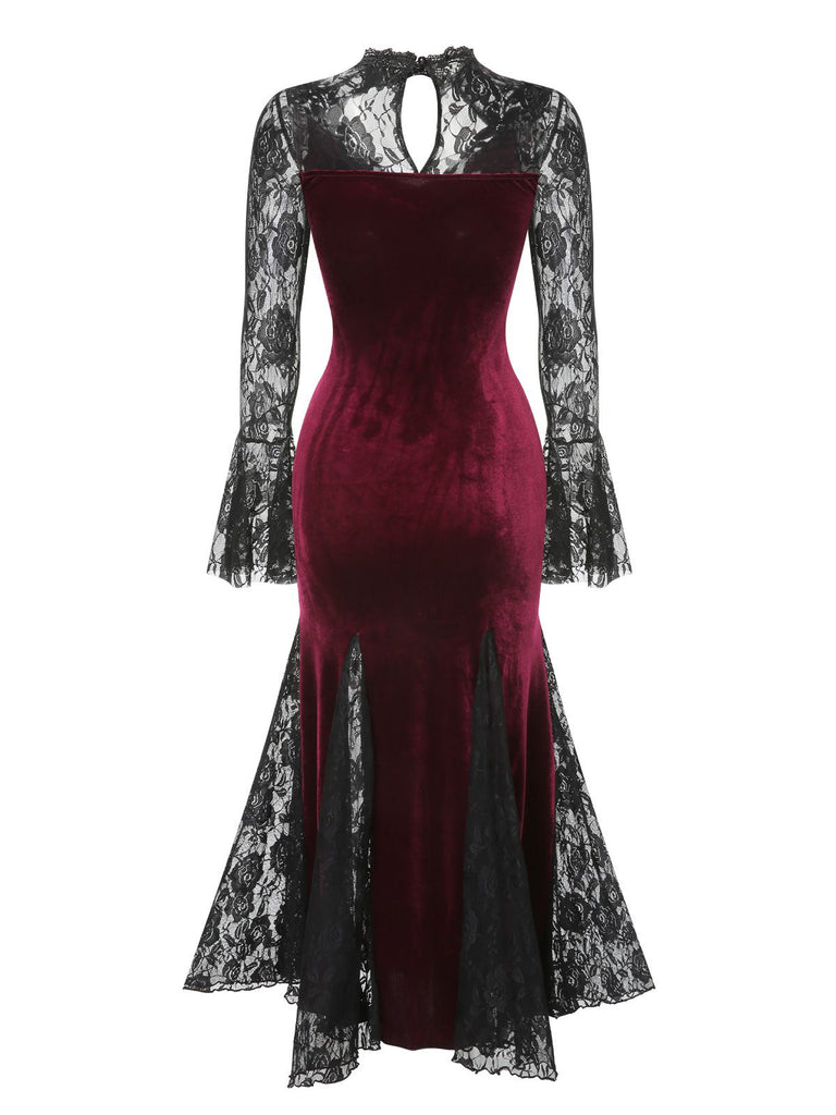 red long sleeve fishtail dress Elegant Burgundy Satin Evening Gown for Women