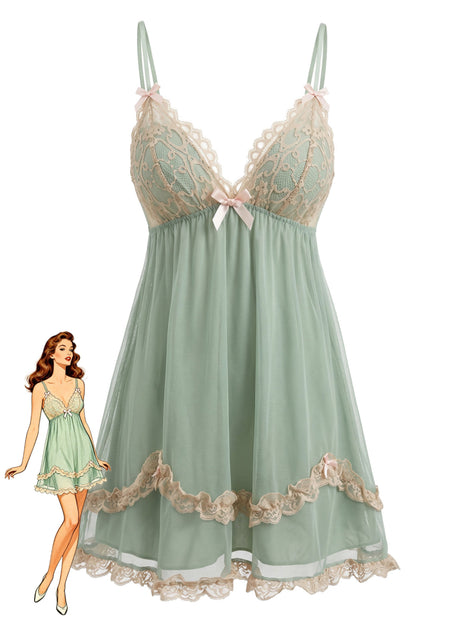 Vintage V-Neck Lace Trim Mesh Slip Babydoll Nightgown Green