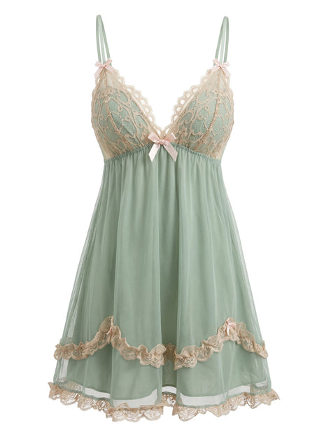 light green lingerie dress 1930s Lace Trim Mesh V-Neck Slip Nightgown W-Homecoming