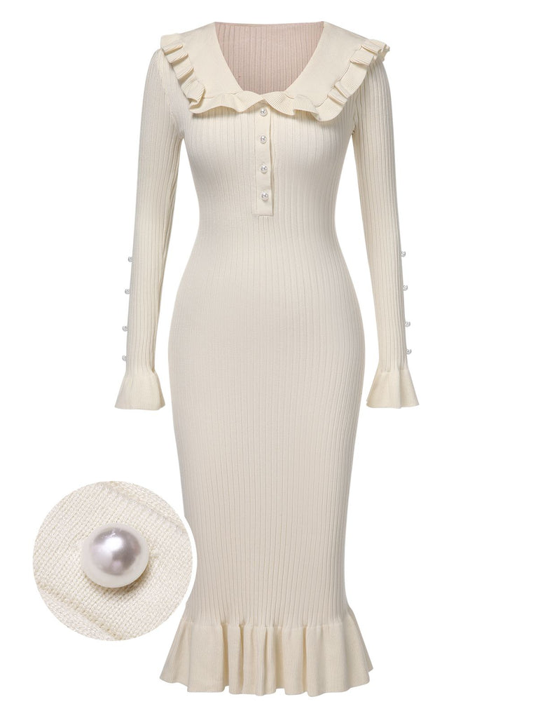 1930s Lapel Knitted Colorblock Fishtail Dress, vintage dress, retro fashion - perfect for women who love vintage and retro fashion