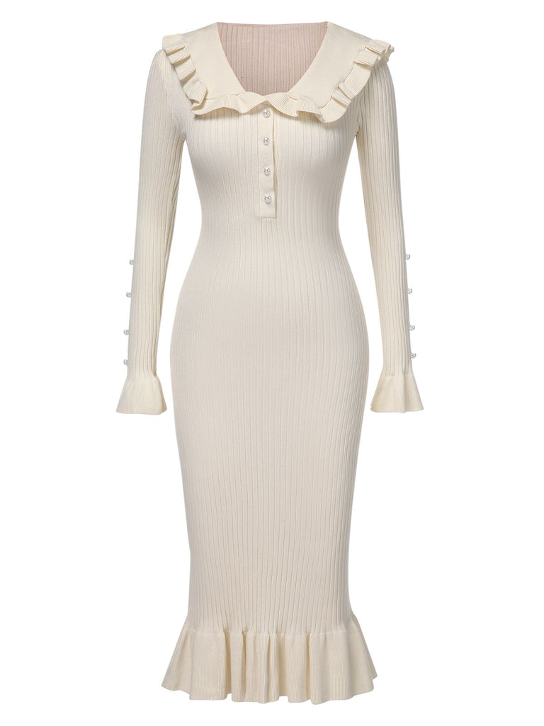 1930s Lapel Knitted Colorblock Fishtail Dress, vintage dress, retro fashion - perfect for women who love vintage and retro fashion
