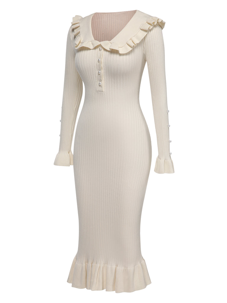 1930s Lapel Knitted Colorblock Fishtail Dress, vintage dress, retro fashion - perfect for women who love vintage and retro fashion