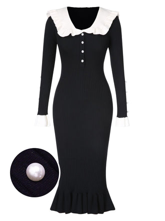 1930s Lapel Knitted Colorblock Fishtail Dress, vintage dress, retro fashion - perfect for women who love vintage and retro fashion