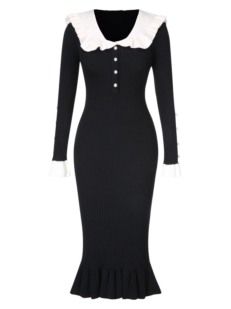 1930s Lapel Knitted Colorblock Fishtail Dress, vintage dress, retro fashion - perfect for women who love vintage and retro fashion