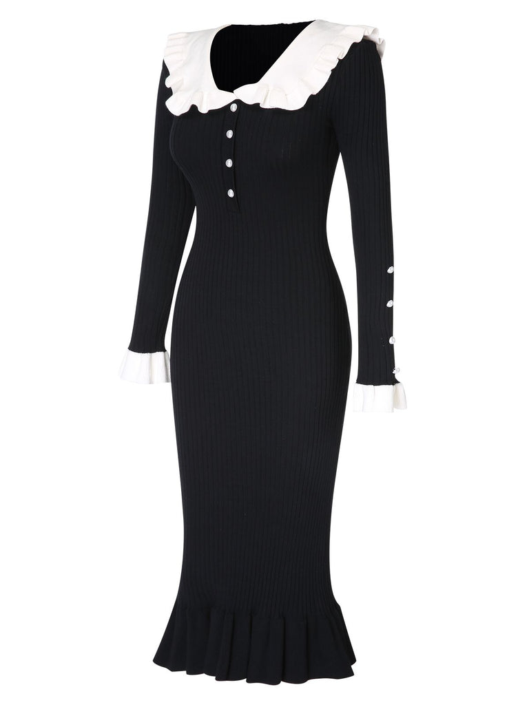 1930s Lapel Knitted Colorblock Fishtail Dress, vintage dress, retro fashion - perfect for women who love vintage and retro fashion