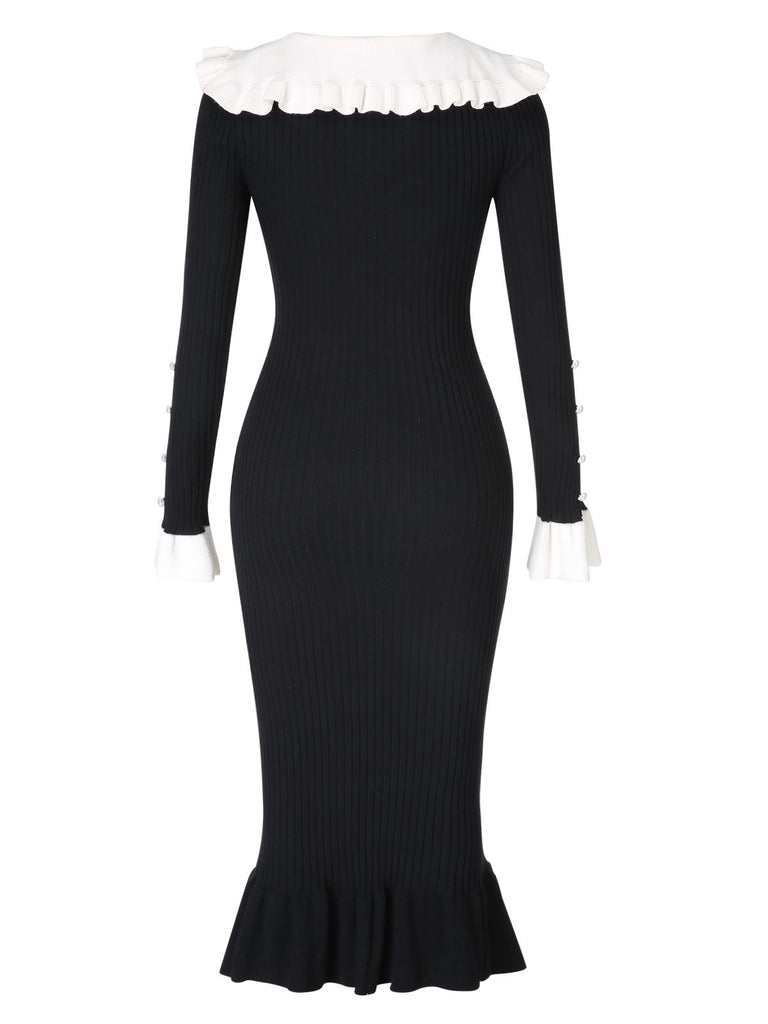1930s Lapel Knitted Colorblock Fishtail Dress, vintage dress, retro fashion - perfect for women who love vintage and retro fashion