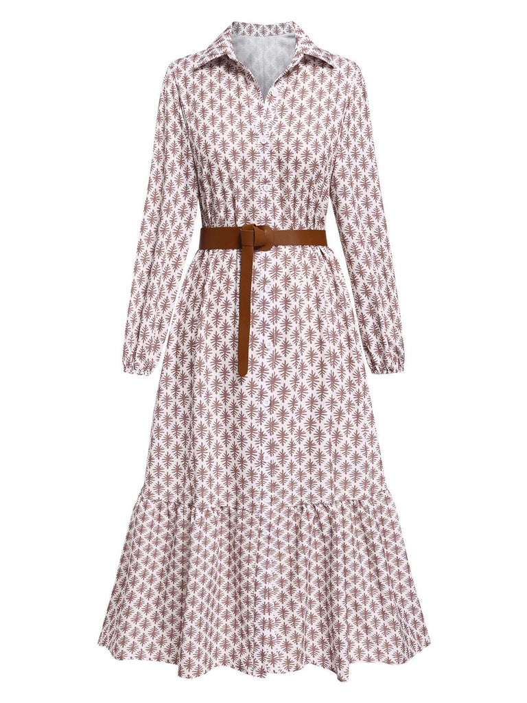 She slips into this 1930s Lapel Printed Belted Long Sleeve Dress and suddenly it's a 1930s daydream