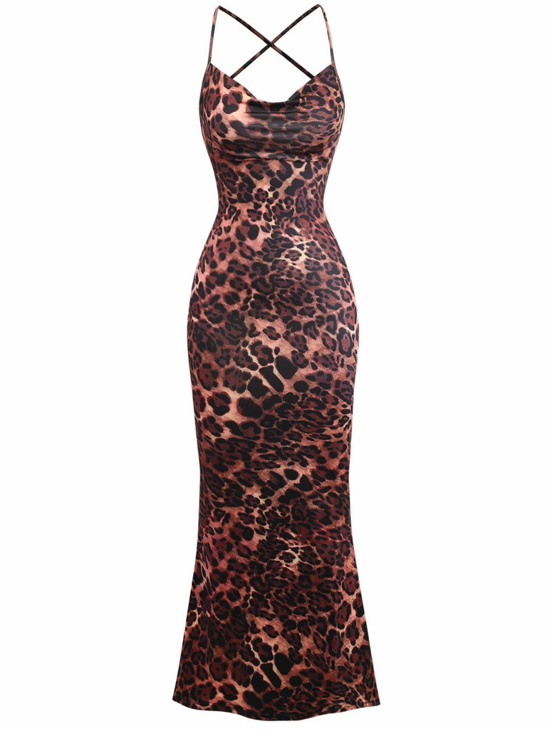 1930s Leopard Print Backless Spaghetti Strap Dress - vintage dress, retro fashion