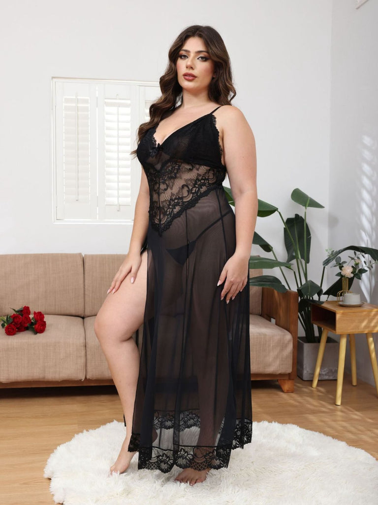 1930s Mesh Lace Suspenders Slit Nightgown - vintage nightgown, retro sleepwear