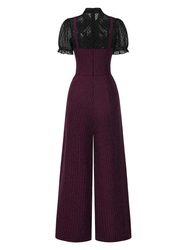 1930s Mesh Patchwork Vertical Stripe Jumpsuit - vintage jumpsuit, retro fashion