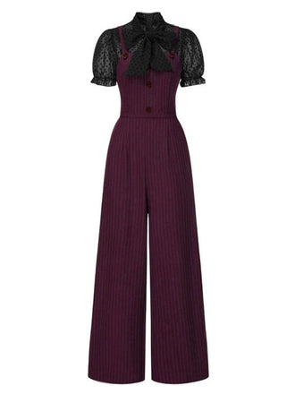 1930s Mesh Patchwork Vertical Stripe Jumpsuit - vintage jumpsuit, retro fashion