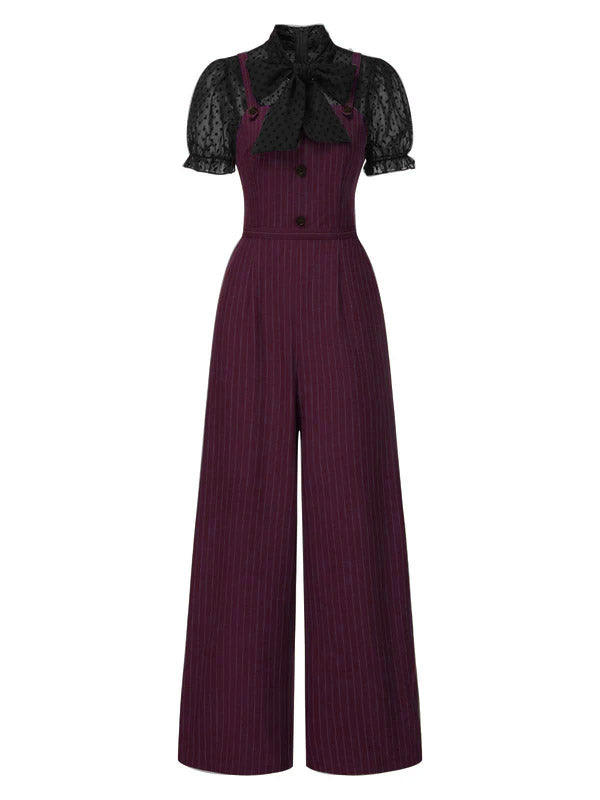 1930s Mesh Patchwork Vertical Stripe Jumpsuit - vintage jumpsuit, retro fashion