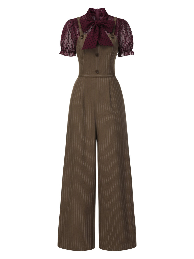 Red 1930s Mesh Patchwork Vertical Stripe Jumpsuit, vintage romper, retro jumpsuit - perfect for women who love vintage and retro fashion