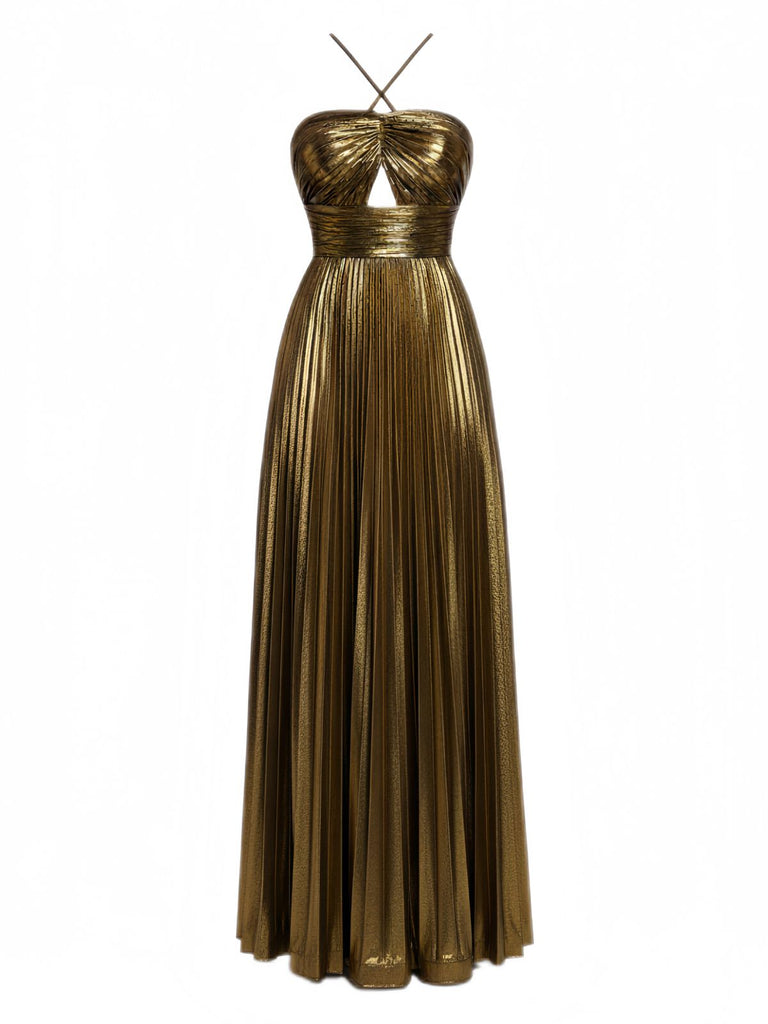 Gold 1930s Metallic Cross Halter Pleated Dress | Retro Stage Gold 1930s Metallic Cross Halter Pleated Dress | Retro Stage