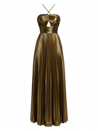 1930s Metallic Cross Halter Pleated Dress - vintage dress, retro fashion