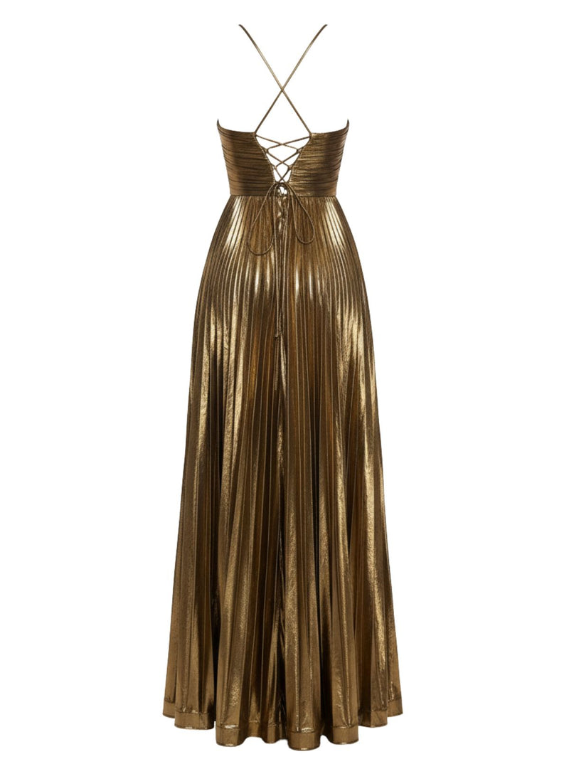 Gold 1930s Metallic Cross Halter Pleated Dress | Retro Stage Gold 1930s Metallic Cross Halter Pleated Dress | Retro Stage