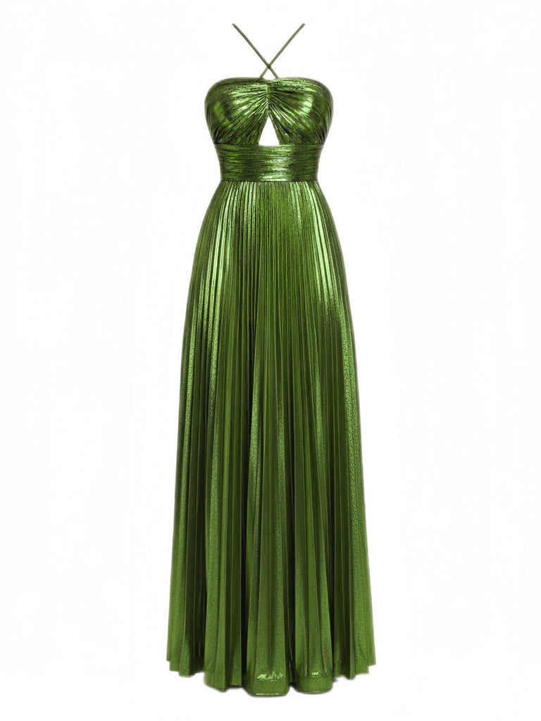 A-Line Metallic Cross Halter Pleated Maxi Dress Formal Dress Wedding Guest Dress A-Line Metallic Cross Halter Pleated Maxi Dress Formal Dress Wedding Guest Dress