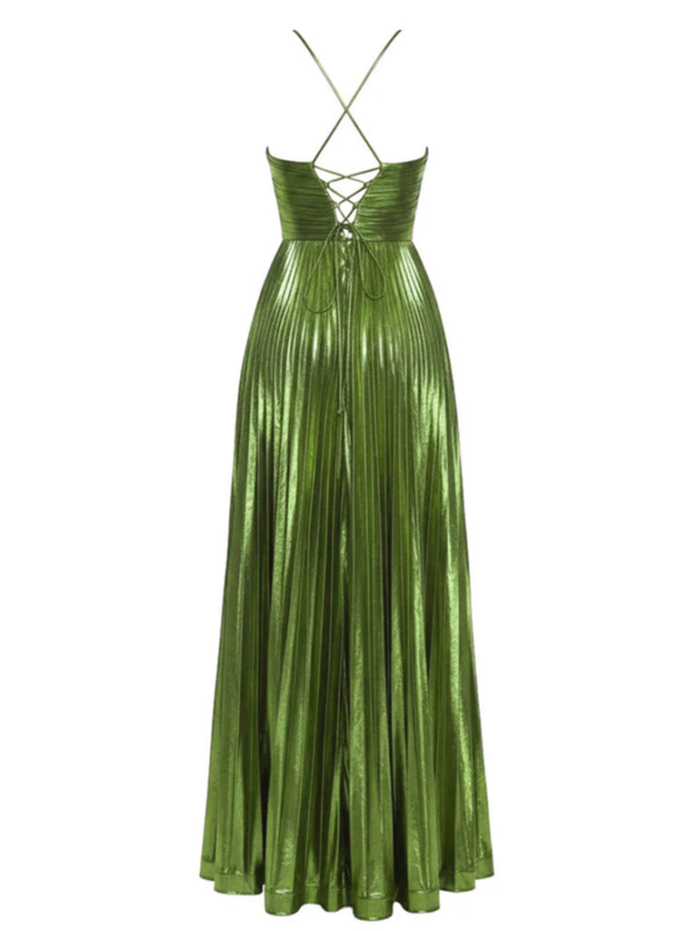 A-Line Metallic Cross Halter Pleated Maxi Dress Formal Dress Wedding Guest Dress A-Line Metallic Cross Halter Pleated Maxi Dress Formal Dress Wedding Guest Dress