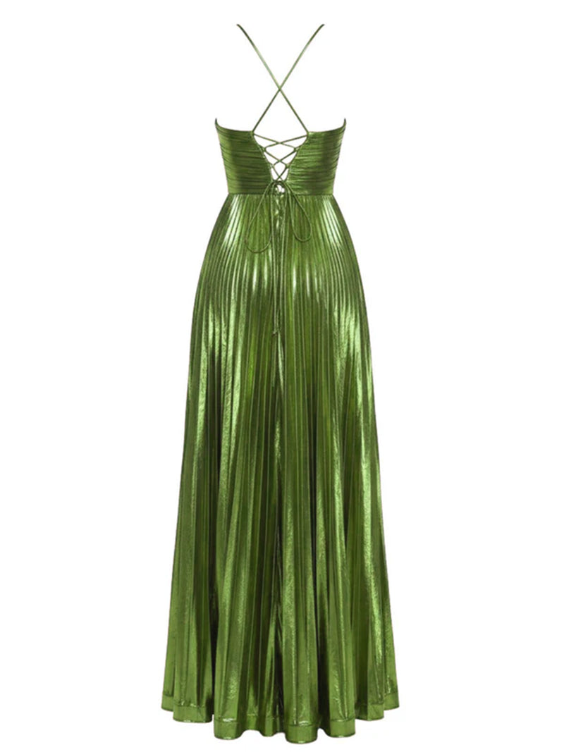 Gold 1930s Metallic Cross Halter Pleated Dress | Retro Stage Gold 1930s Metallic Cross Halter Pleated Dress | Retro Stage